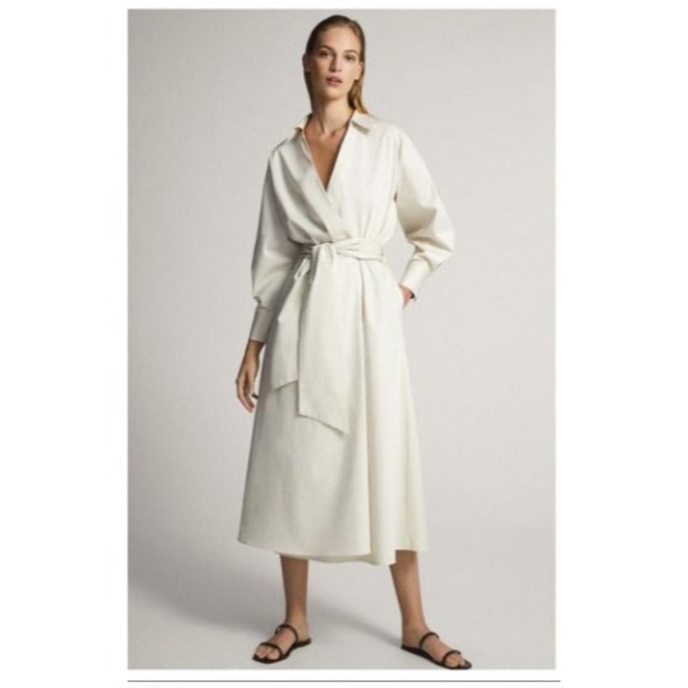 NWT Massimo Dutti Womens Cream Ivory Wrap Midi Dress EU 38 US 6 Poplin 6650/582